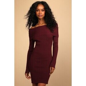 Lulus Wonderfully Cozy Burgundy Ribbed Off-the-shoulder Sweater Dress Red